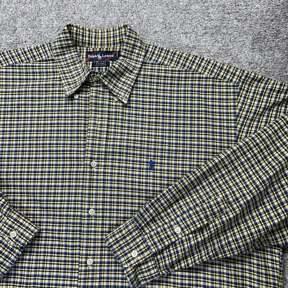 Ralph Lauren Blake Mens Button Down Shirt Blue Yellow Plaid 100% Cotton Size LT - Picture 2 of 7